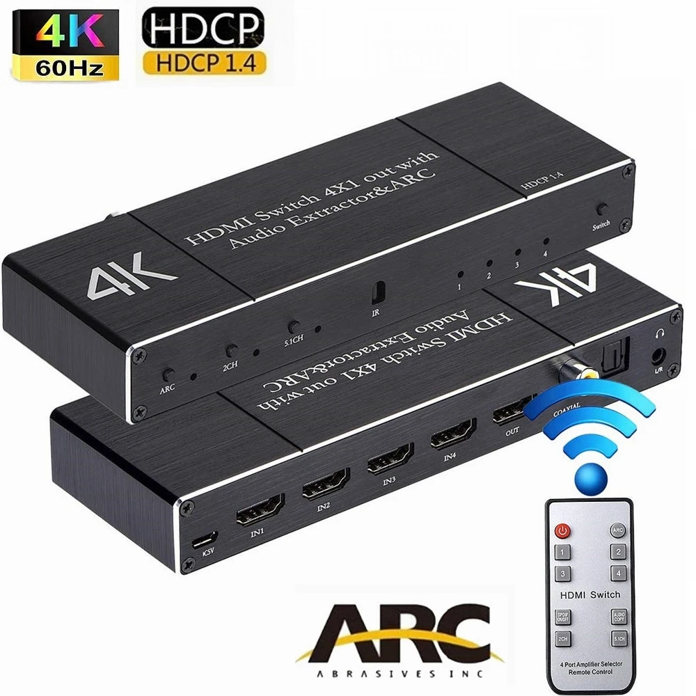 4k Hdmi 2.0 Switch 4x1 Hdmi Switcher Audio Extractor With Spdif Coaxial 3.5mm Audio Out With Arc For Ps3 Ps4 Apple Tv Hdtv - Buy Arc Hdmi Splitter,4k Arc Hdmi 2.0,Arc