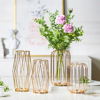 Nordic Golden Glass Vase Terrarium Geometric Iron Line Vase Hydroponic Plant Flower Vase Metal Plant Holder Home Decor Modern