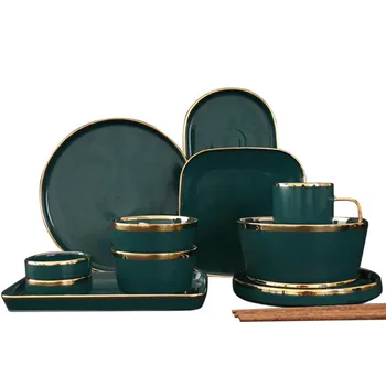 Luxury fine custom modern style tableware cheap ceramic green porcelain dinner sets