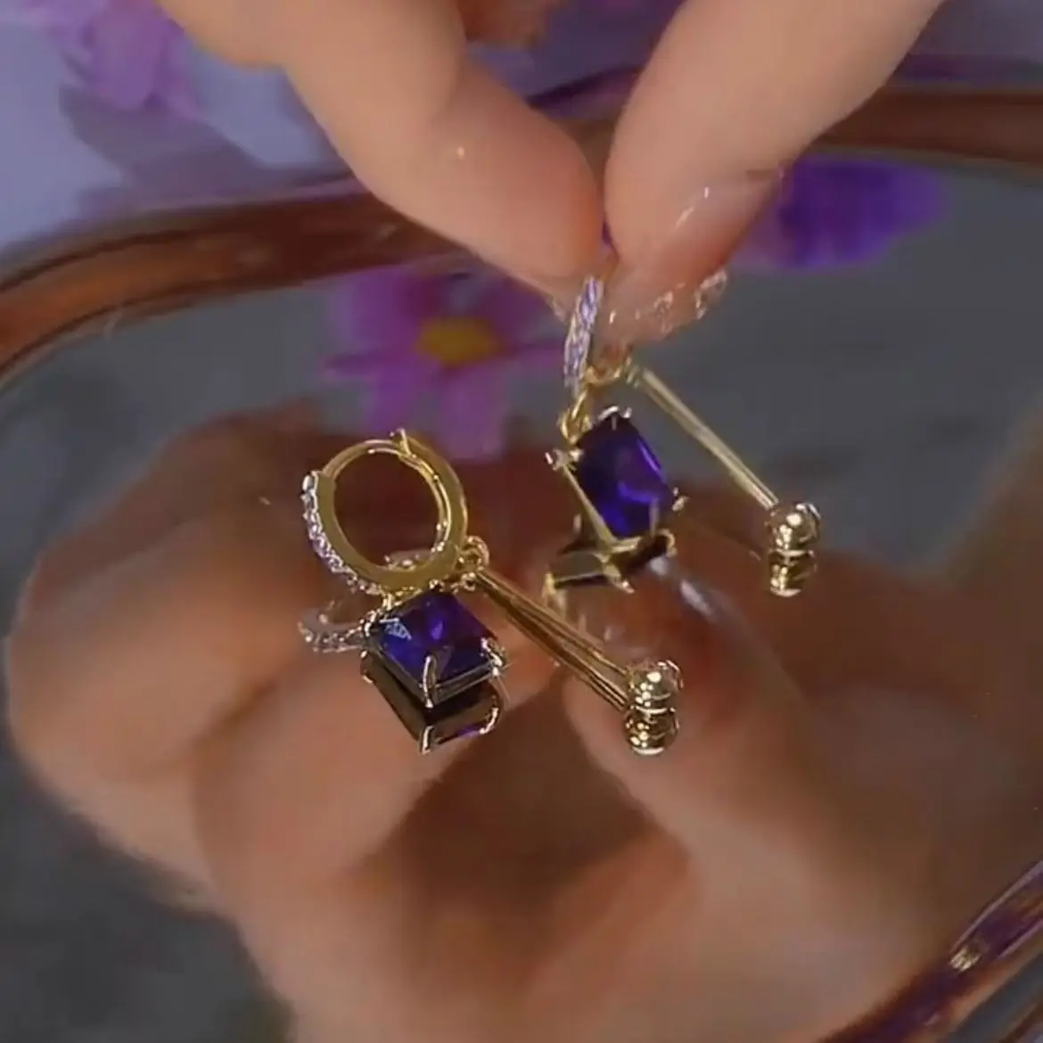 AA02164 Sparkling Geometric Drop Earrings for Women Luxury Purple Crystal Tassel Earrings