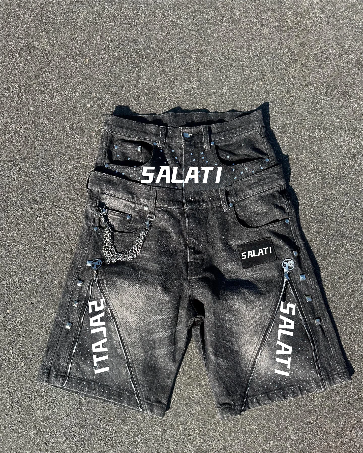 Custom Streetwear Denim Shorts Distressed Embroidery Patch Rhinestone Flared Jorts Jeans Double Waist Denim Shorts for Men