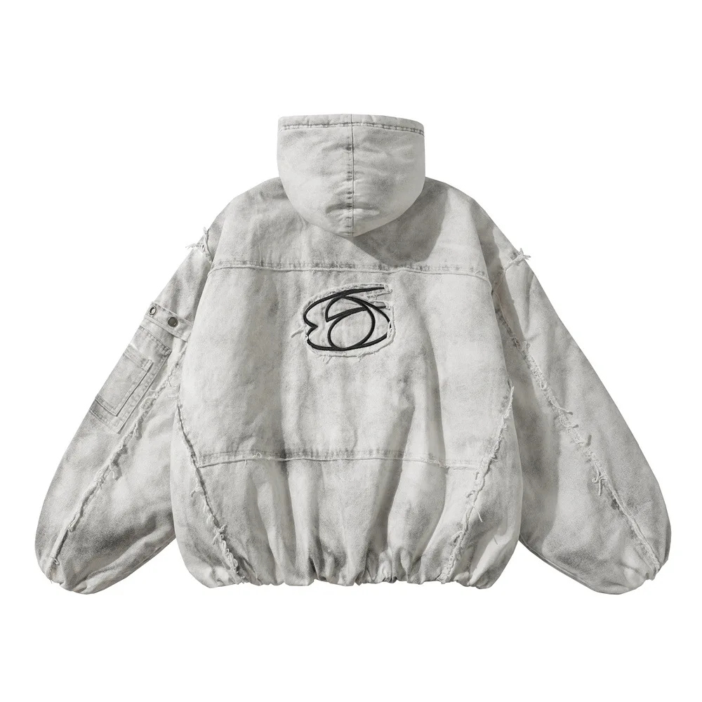 Vintage Dirty Hooded Bomber Jacket Men's Punk Streetwear Trend Niche Deconstructed Patchwork Frayed Denim Coat