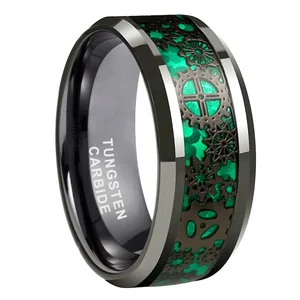Coolstyle Jewelry 8mm Black Tungsten Ring for Men Women Couple Wedding Band Steampunk Gear Green Carbon Fiber Inlay Comfort Fit
