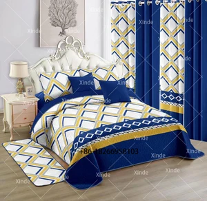 High Quality Blue Luxury Bedroom Set Wholesale with Curtains Bedspread Carpet Cooling Folded Features Fashion Bedding in Blue