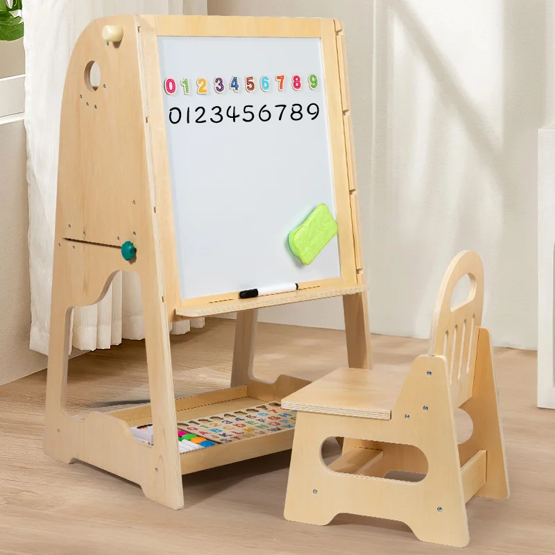 2 in One Wooden Blackboard Drawing Board with Chair Set for Kids