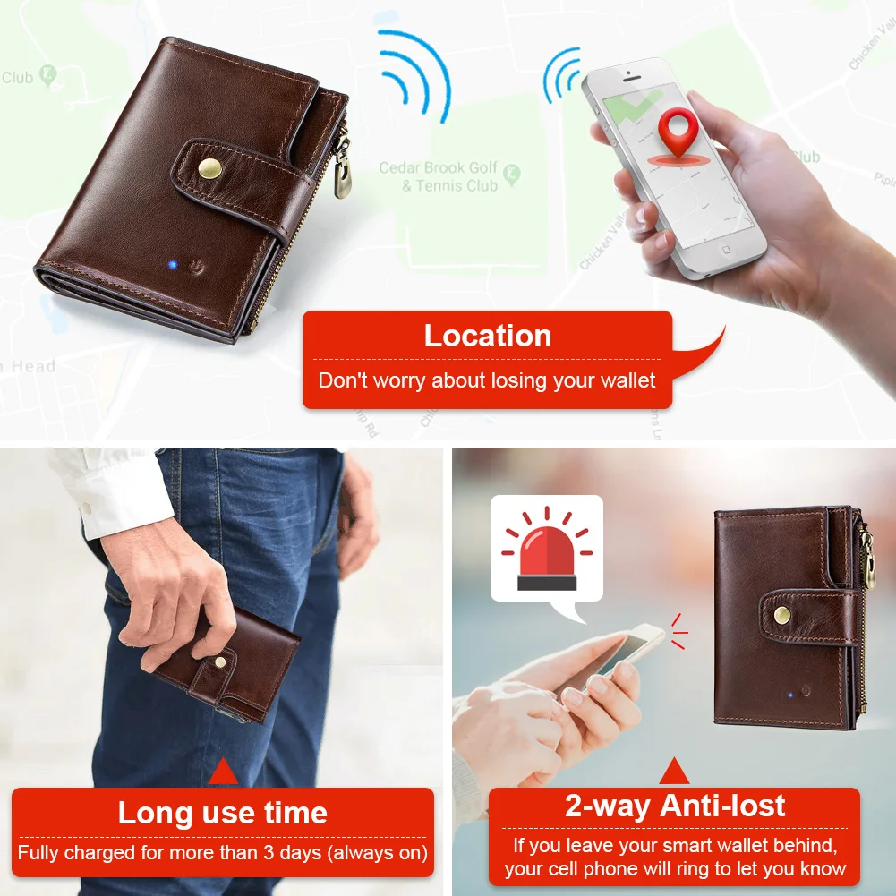 Smart Anti-Lost Wallet with Alarm Position Record (via Phone GPS) Bifold Cowhide Leather Smart Wallet for Men