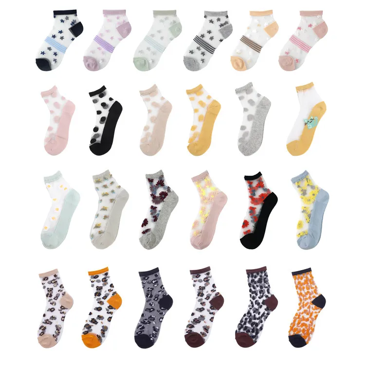 Оптовая продажа, прозрачные носки со стразами, стеклянные сетчатые кружевные милые чулки для девочек-подростков