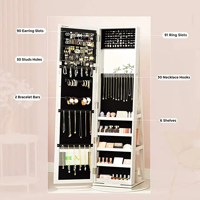 High full length mirror white Lockable rotating jewelry cabinet