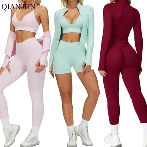 Custom Logo Running Sports Bra Fingerhole Zip up Jacket Fitness Clothing Woman Activewear 4 Piece Gym Fitness Sets for Women