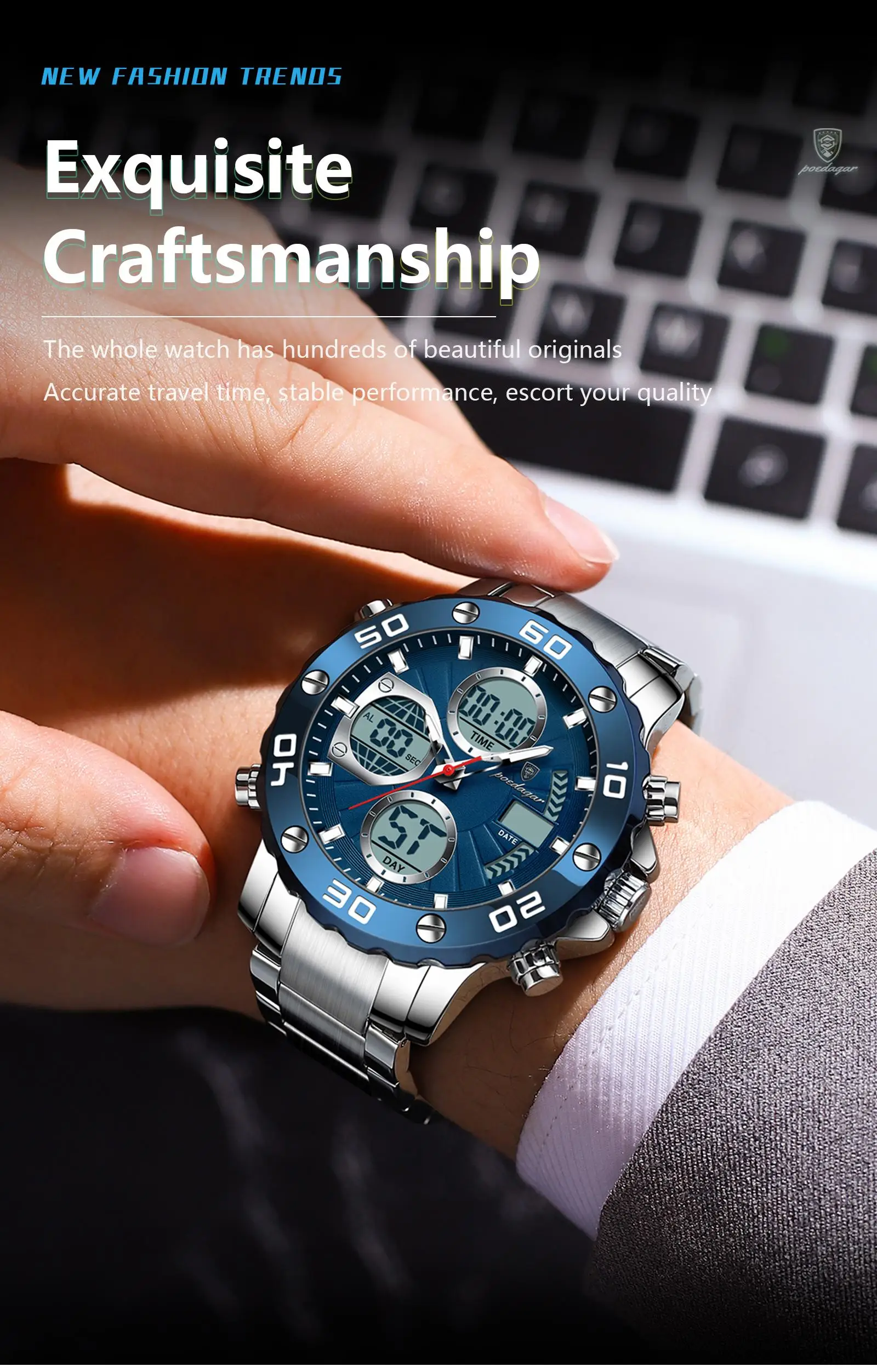 POEDAGAR E102 New Men Fashion Digital Quartz Movement Men Electronic Watches Led Dual  Display Luminous Stainless Watch for Male
