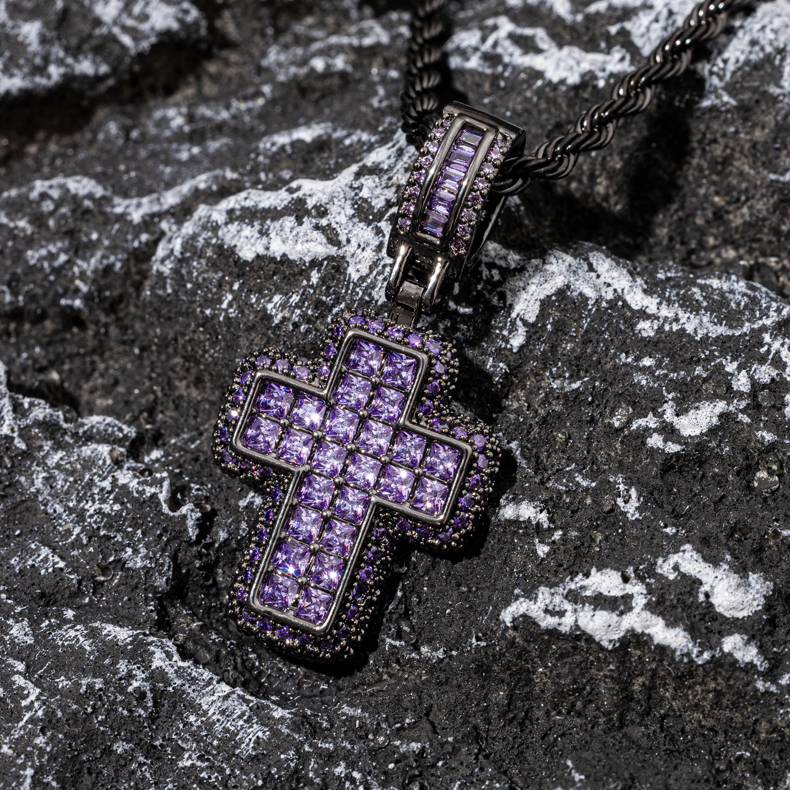 Top Icy Iced Out 2 Rows Purple Pink Diamond Cross Pendant