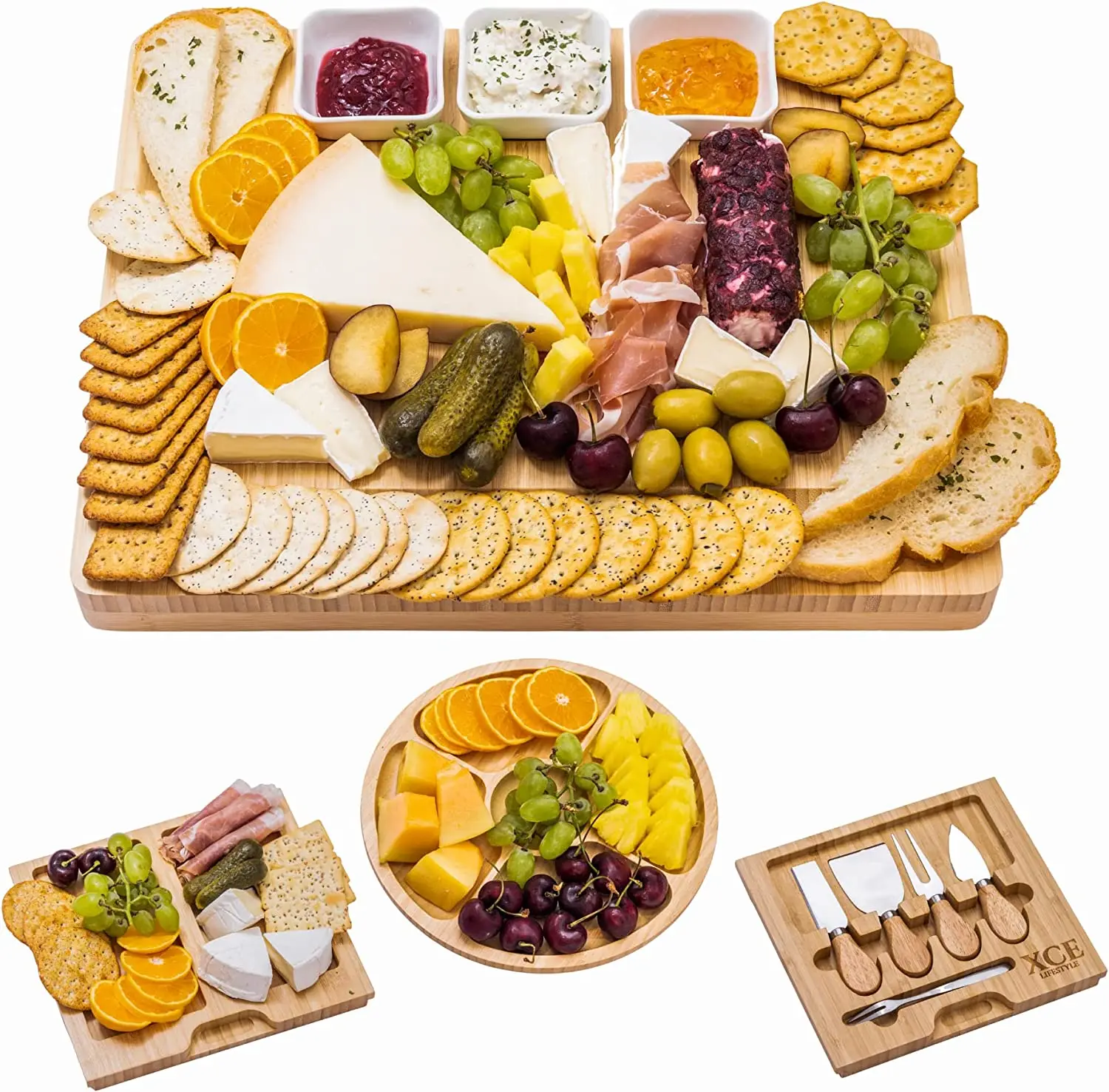 Large Bamboo Cheese Board and Knife Set Charcuterie Boards with Serving Tray