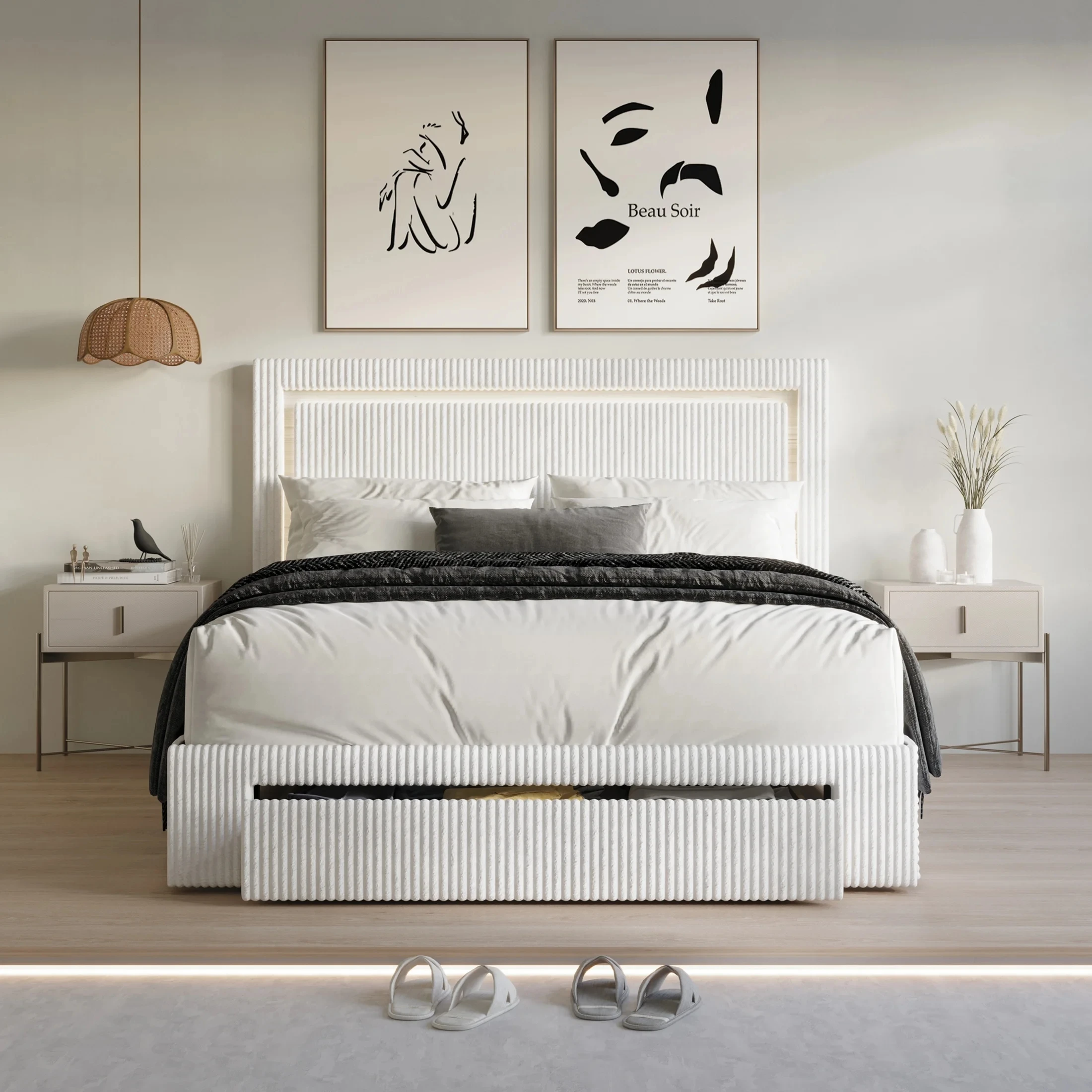 Latest modern design bed set LED Glow Headboard storage drawer Queen size comforter luxury bed for Apartment Hotel and Bedroom