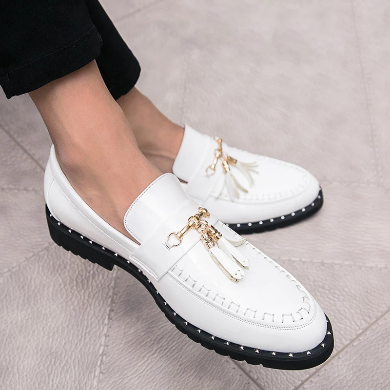Young Mens Fashion Casual Slip-on High Quality Leather Shoes Anti-slip  Flats Lightweight Men White Dress Shoes