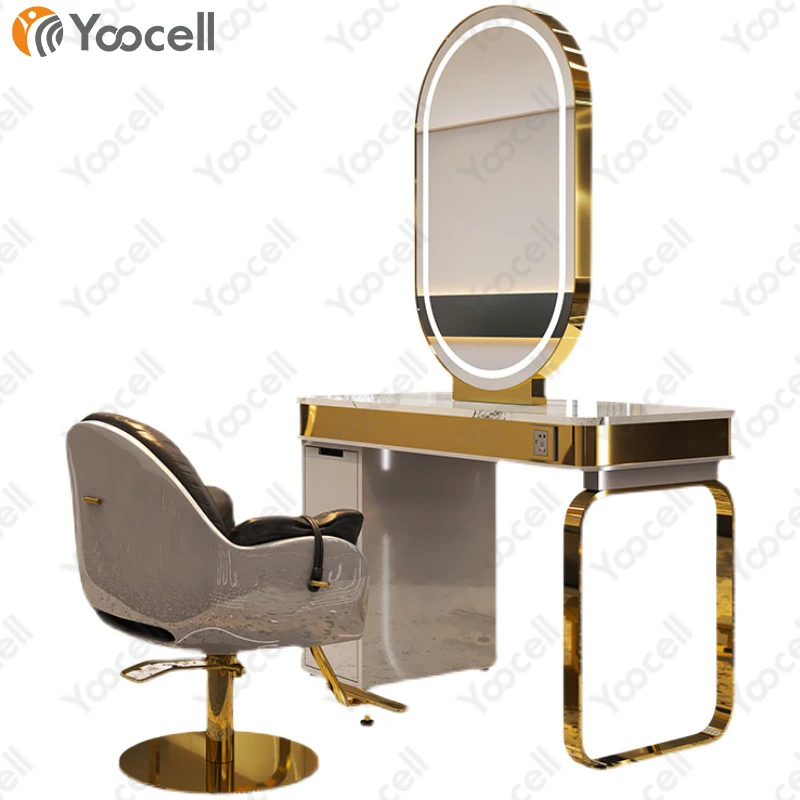 Yoocell Single Side Gold Frame Led Hair Salon Mirror Unit Marble Top Round Salon Mirror Station