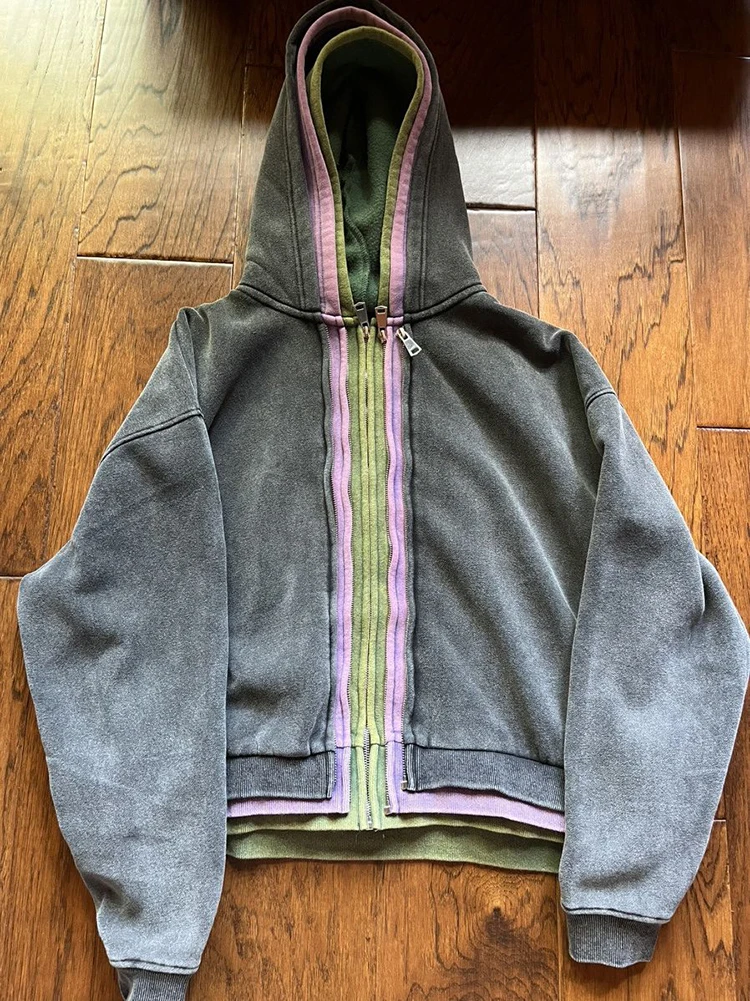 Salati Custom Cotton Plain 450 GSM Color Block Zipup Vintage Zipper Stone Acid Wash Triple Jackets Hood Sweatshirts Hoodies Men gallery 9
