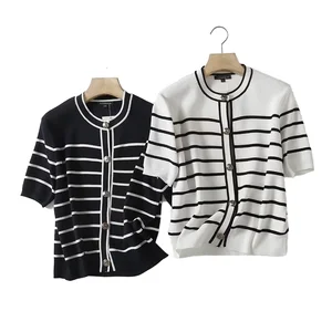 Women Summer Single Breasted Knitted Striped Cardigan Sweater Vintage Short Sleeve Anti-Wrinkle Female Outerwear Chic