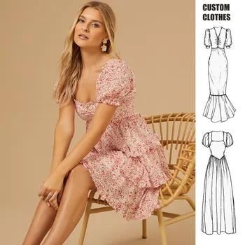 Custom fashion chiffon summer trendy elegant Lady women clothing off shoulder floral print  Melody Tiered Ruffle Dress  2024