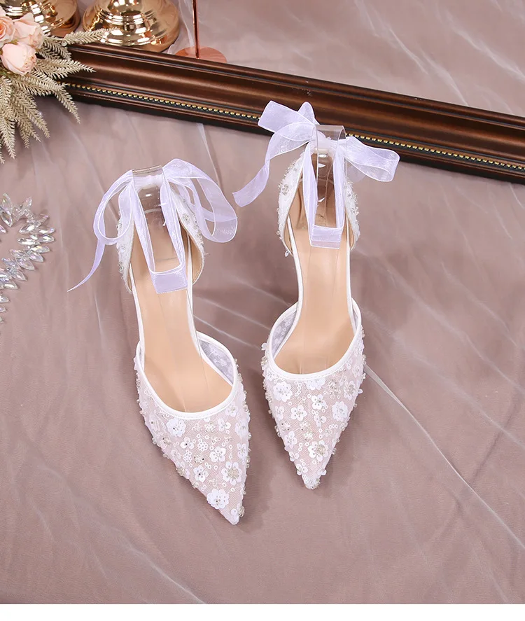 Lace Up Pointed Toe Stiletto Pearls Sandals Luxury Queen Thin Heels Women Bridal Shoes For Weddings - Image 6