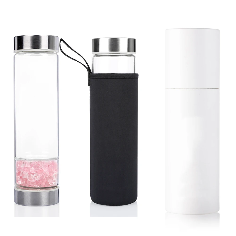 Custom Logo Elixir Filter Screen Stainless Steel Natural Rose Quartz Stone Healing Crystal Infused Glass Water Bottle