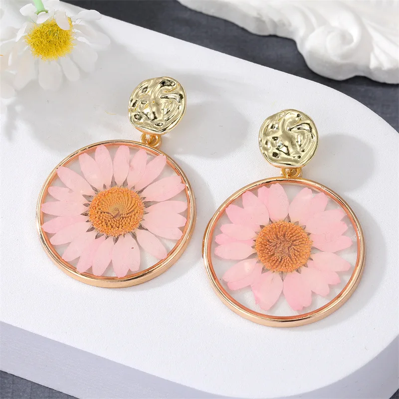 Aesthetic Pressed Flower Earrings Epoxy Resin Real Dried Daisy