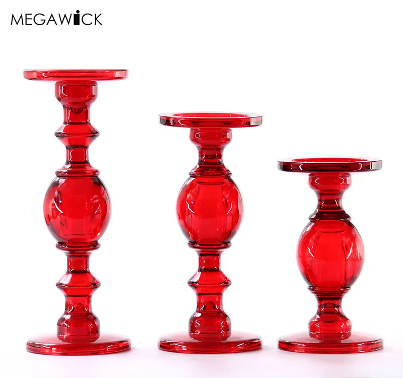 Luxury Red Stemmed Candle Holder,Pillar Candle Glass Holder For Wedding