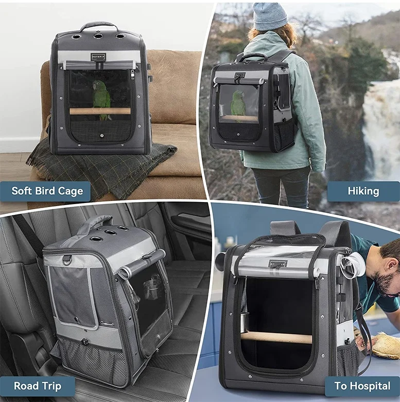 Custom Bird Cage Breathable Carrier Backpack Foldable Lightweight Travel Multi Purpose PU Mesh Pet Parrot Bag