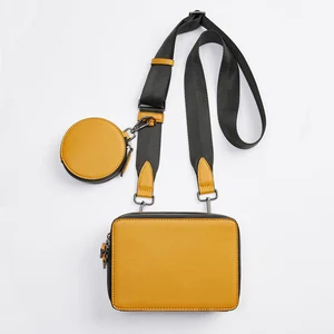Custom Logo Leather Yellow Men's Zipper Crossbody Purse Shoulder Messenger Bag for Men With Pouch Set