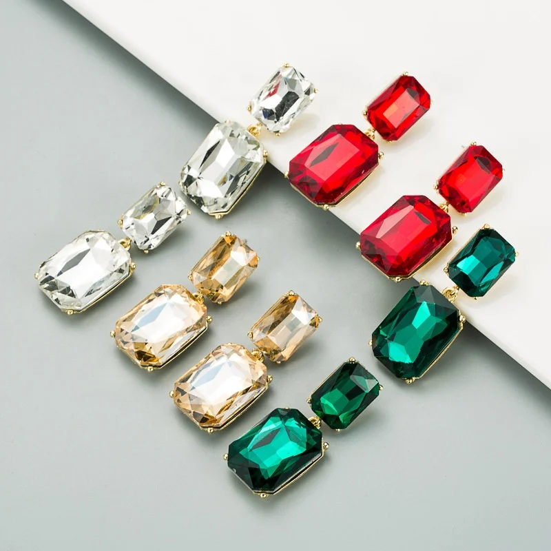 Simple Geometric Shape Inlaid With Colored Glass Diamond Earrings Long Bohemian Wholesale square Gemstone Dangle Stone Earrings