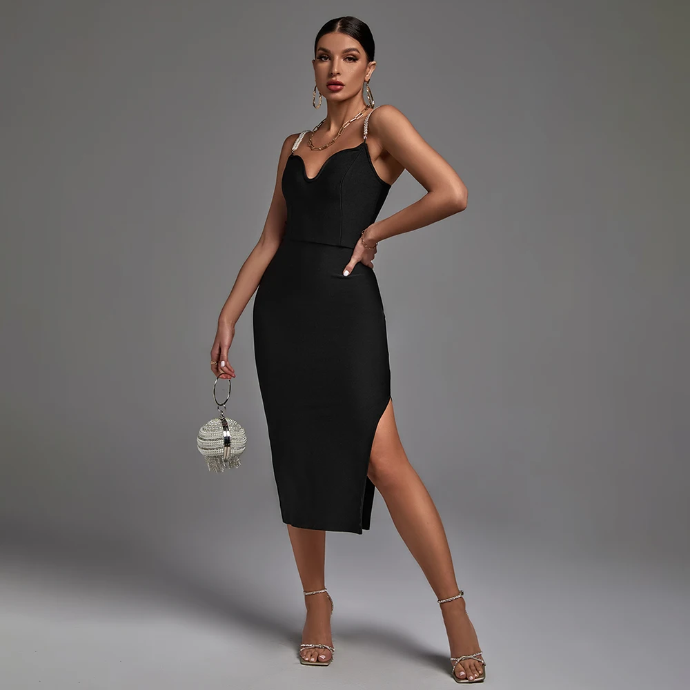Ocstrade Latest Elegant Pearl Strap Plunge Low Cut Black Backless Side Slit Midi Party Dress Evening Women Casual Dresses