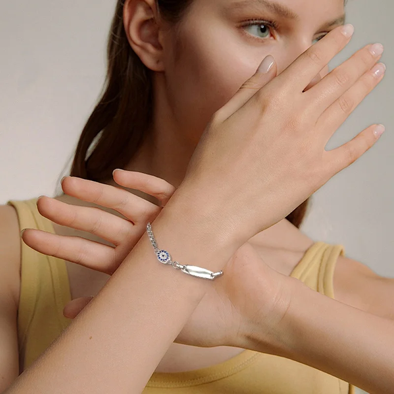 Simple Blank Rectangular Bracelet 925 Sterling Silver Zircon Cuban Chain Blue Eyes Bracelet for Women