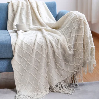 Wholesale Luxury Soft Decorative Throw Knitted Fringe Knit 100% Acrylic Textured Solid Home Throw Blanket