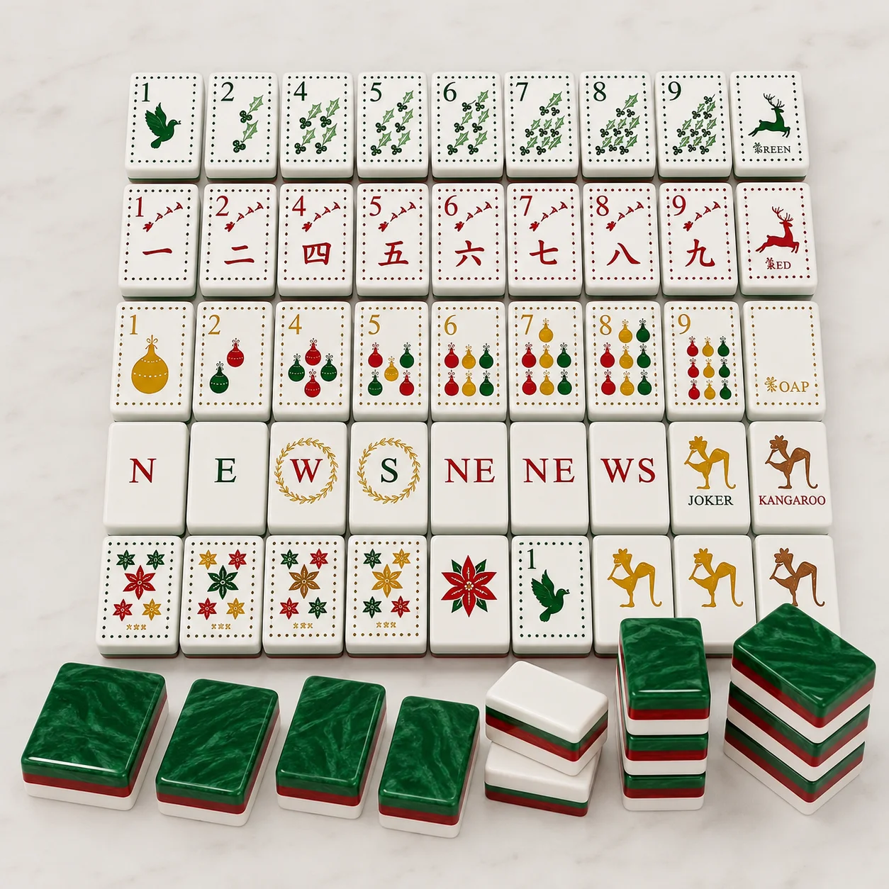 Vintage Luxury Emerald Marbled Back Christmas Mahjong Tiles Set Portable Hand Drawn Wreath Reindeer Design Holiday Table Game