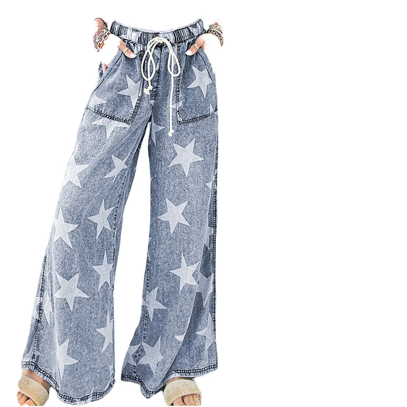 Dear-Lover Wholesale High Waist Wide Leg Ladies Jeans Pants Casual Star Print Light Wash Loose Fit Denim for Autumn Spring