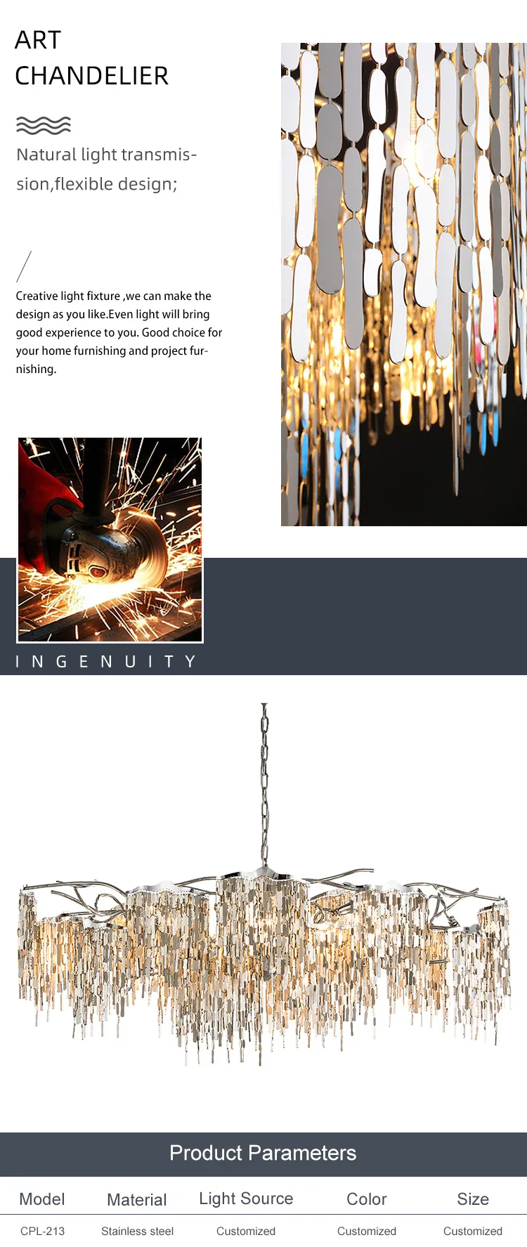 cpl 213 luxury style stainless steel art chandelier hotel villa gallery customized hanging pendant light-1