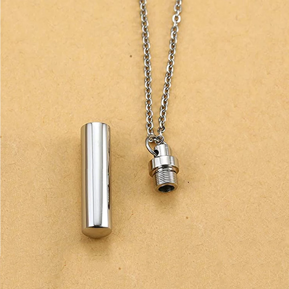Simple Silver Color Cylinder Cremation Urn Necklace for Ashes Memorial Pendant Stainless Steel Keepsake Jewelry to Women Men