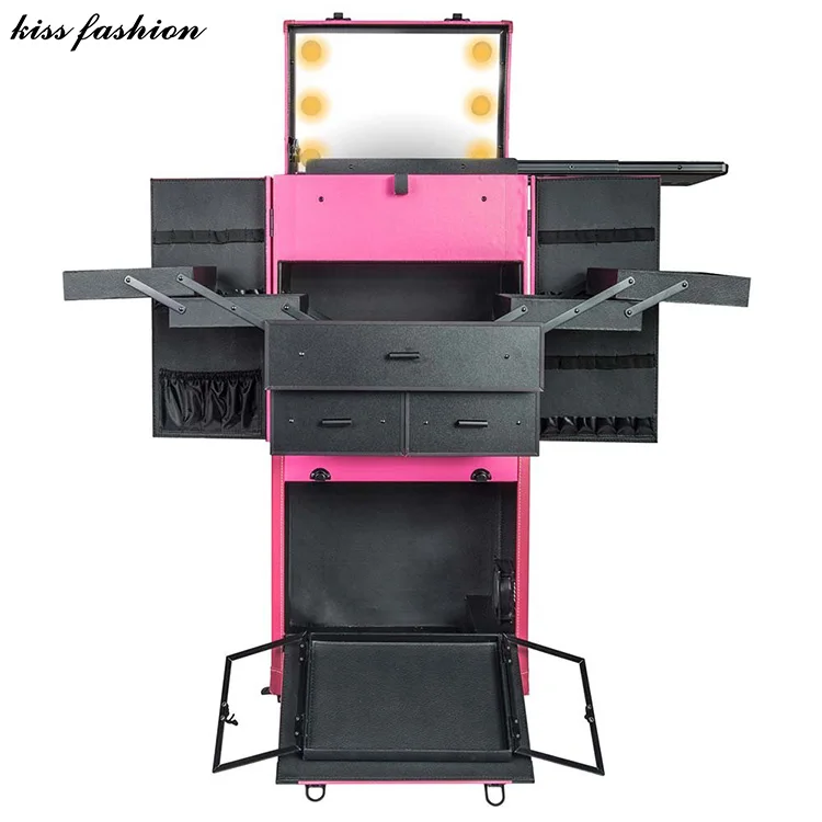 Portable Rolling Train Case with Trolley Large Capacity Eco-Friendly Makeup Artist Vanity Tool Storage Features Lights