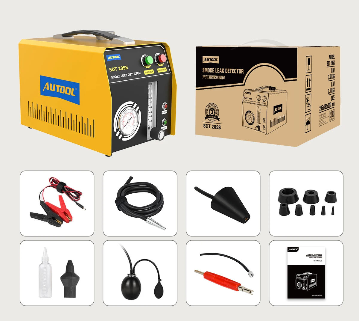 AUTOOL SDT205S Smoke Machine with Air Pressure Leak Detector Car Trucks EVAP Detect Pipe Smoke Leakage Analyzer for Cars
