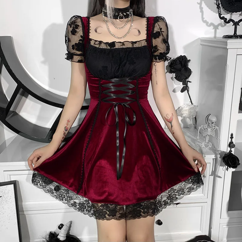 ZVBW Gothic Vintage Velvet Corset Dress Aesthetic Punk Hight Waist