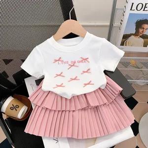 2026 Summer Girls' Casual Short-Sleeved Solid T-Shirt Dress Bow Pleated Cake Skirt Set Two-Piece Top Skirt Clothes Kids