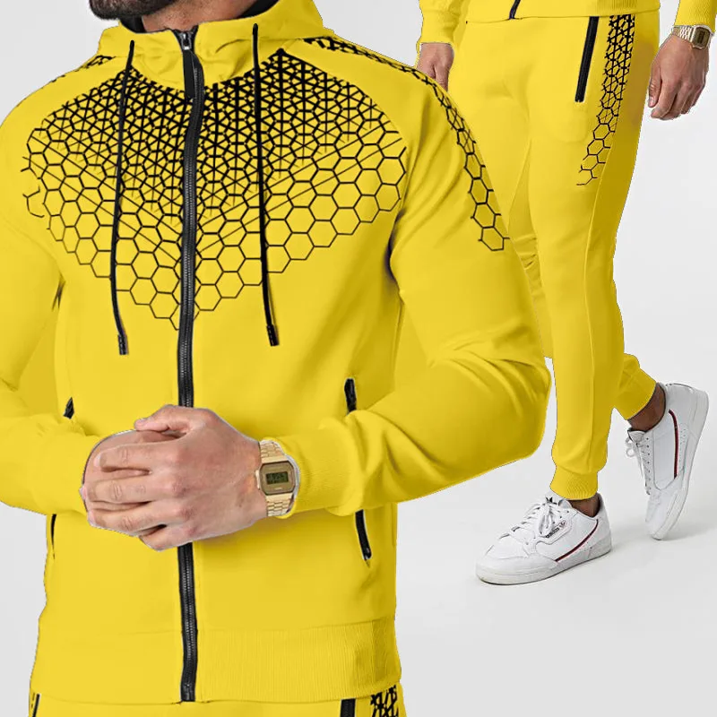 Men's electronic honeycomb printed casual trousers suit fitted tracksuit hooded sports jogging wear