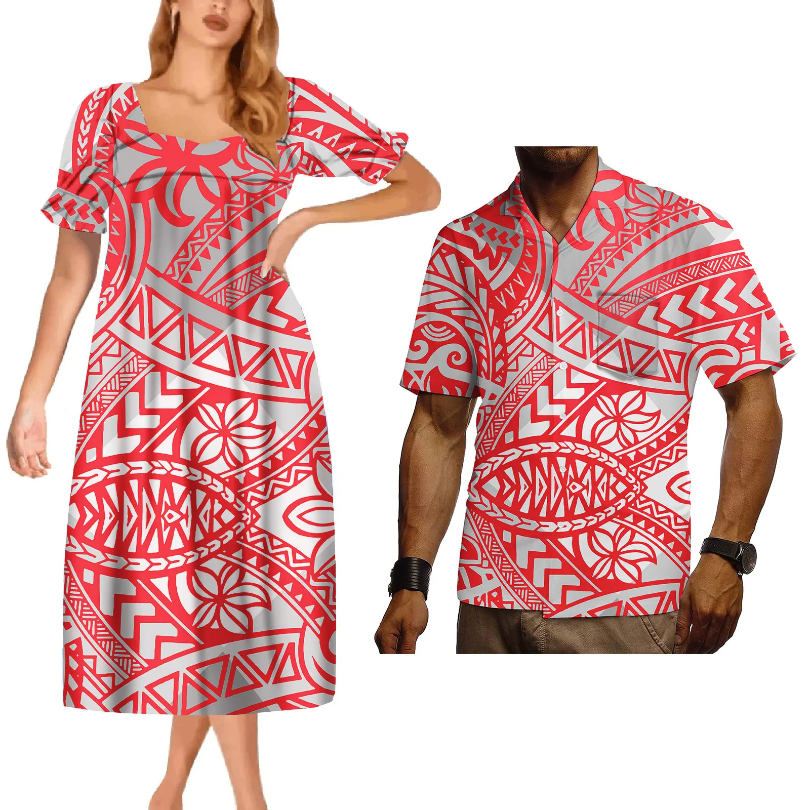 Custom On Demand Short Sleeve Summer Casual Polynesian Couple Set