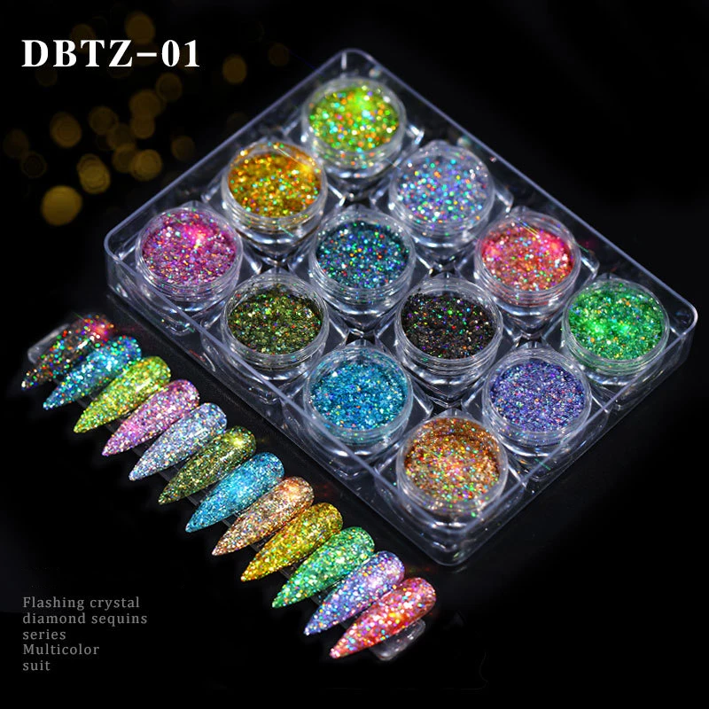 12Boxes Colorful Glitter Acrylic Powder 12 Colors Nail Glitter