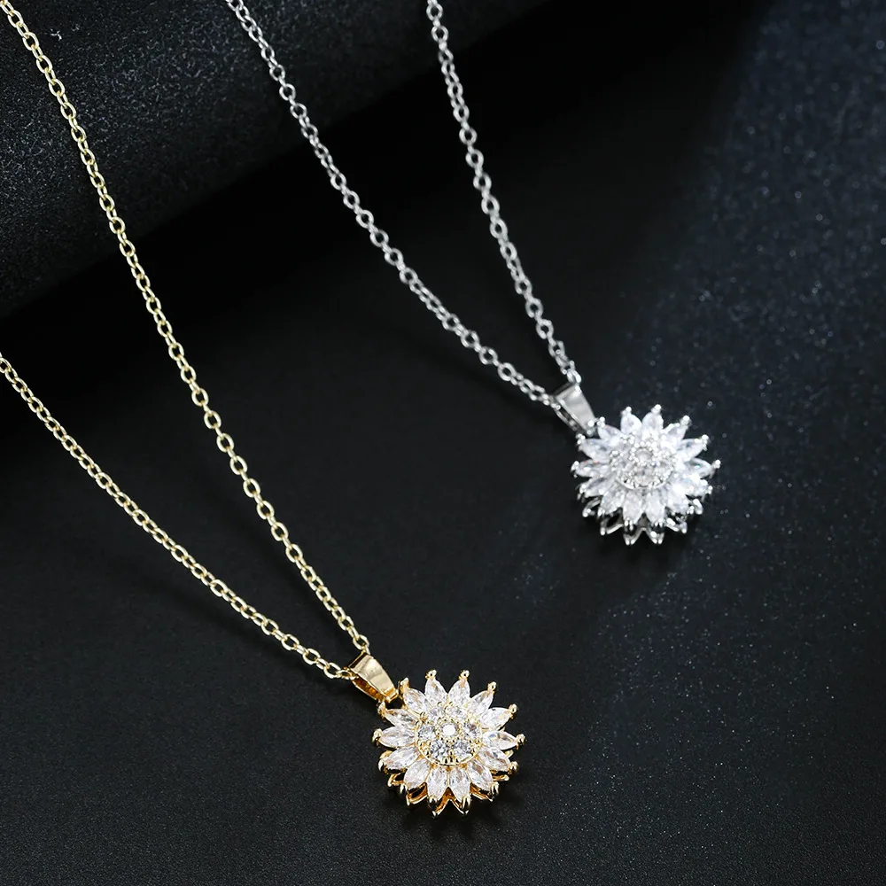 Fashion Jewelry Necklaces Cubic Zirconia Bling Sun Flower Pendants
