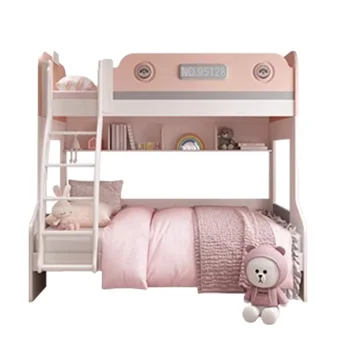 kids bunk bed  with bookshelf and car design wooden bed bedroom