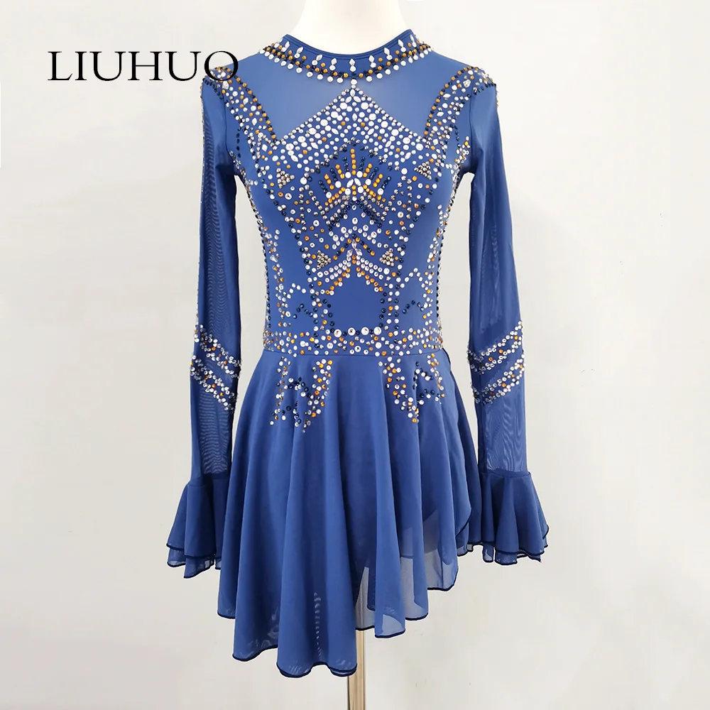 LIUHUO Custom Figure Skating Dress Girls Teens Blue Ice Skating Dresses  Competition Ballroom Gym and Fitness Costumes Women