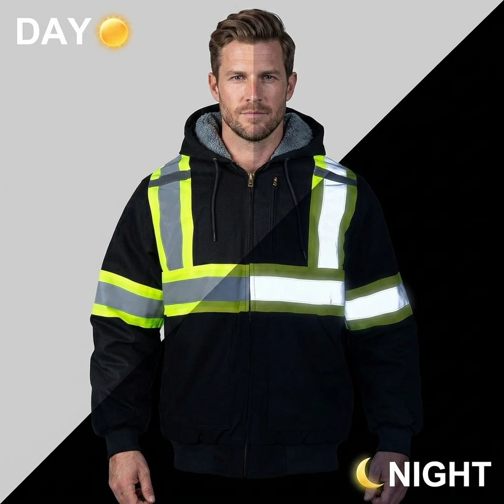 Custom Logo High Visibility Reflective Safety Hoodie Sweatshirt Zip up Fleece Lined Workwear for Construction