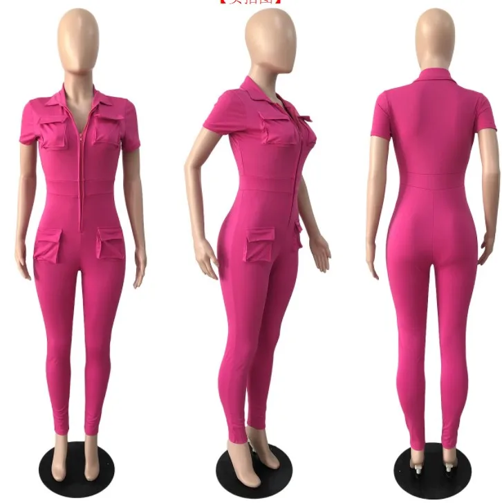 2023 New Women's Sexy Zipper Threedimensional Pocket Jumpsuit Solid