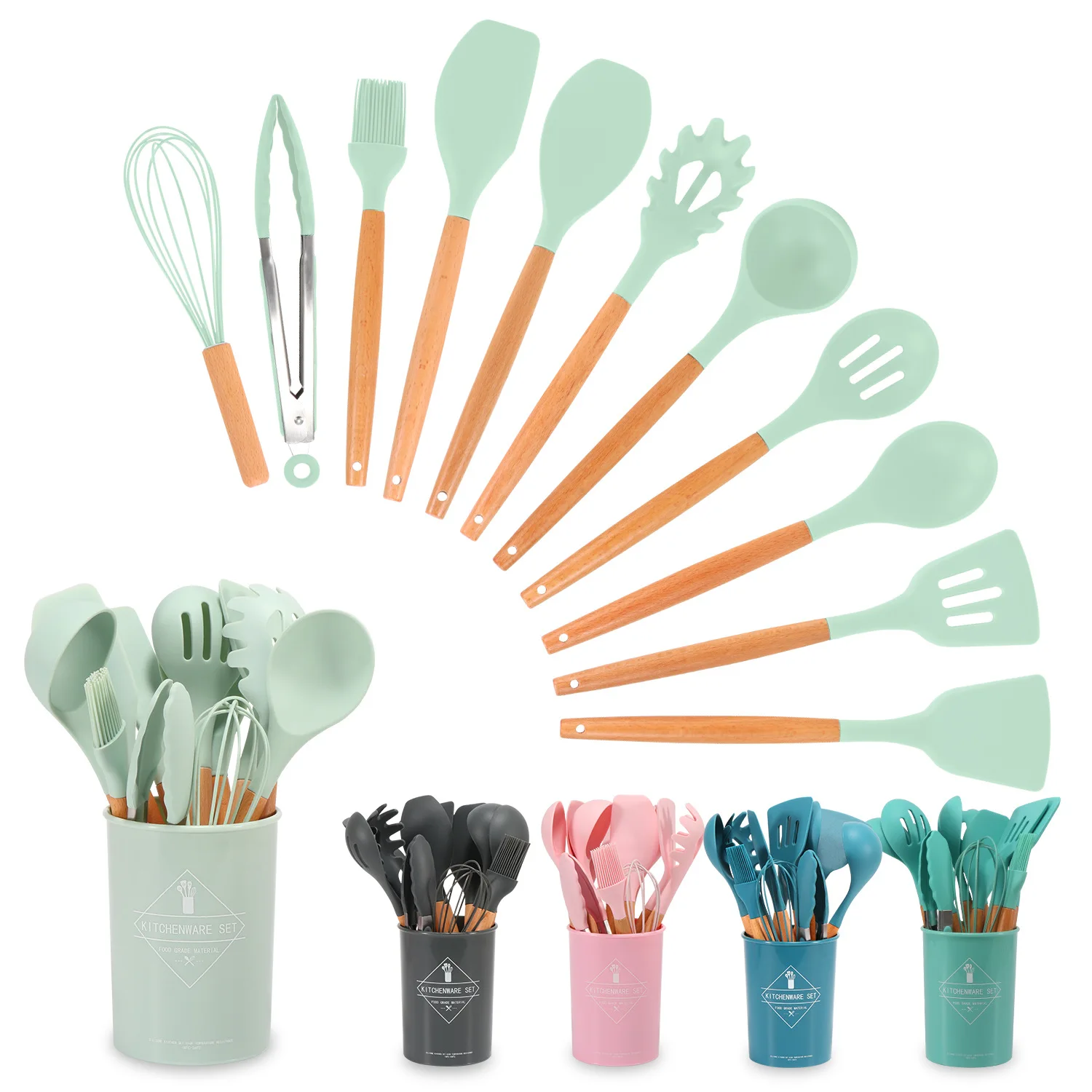 2PCS Silicone Kitchen Cooking Utensil Set for Countertop,Wooden Cook  Gadgets Kitchen Utensils