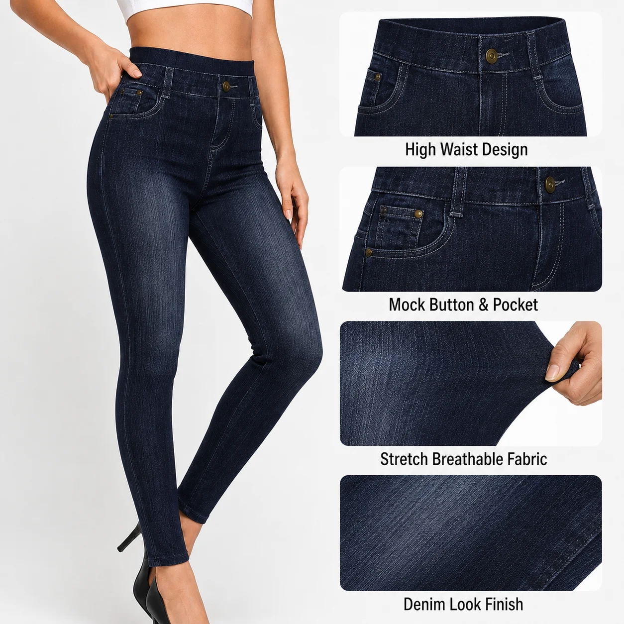 Winter Women's High Waist Print Knitted Faux Denim Slim Fit Stretch Breathable Anti-Bacterial Pencil Pants Leggings